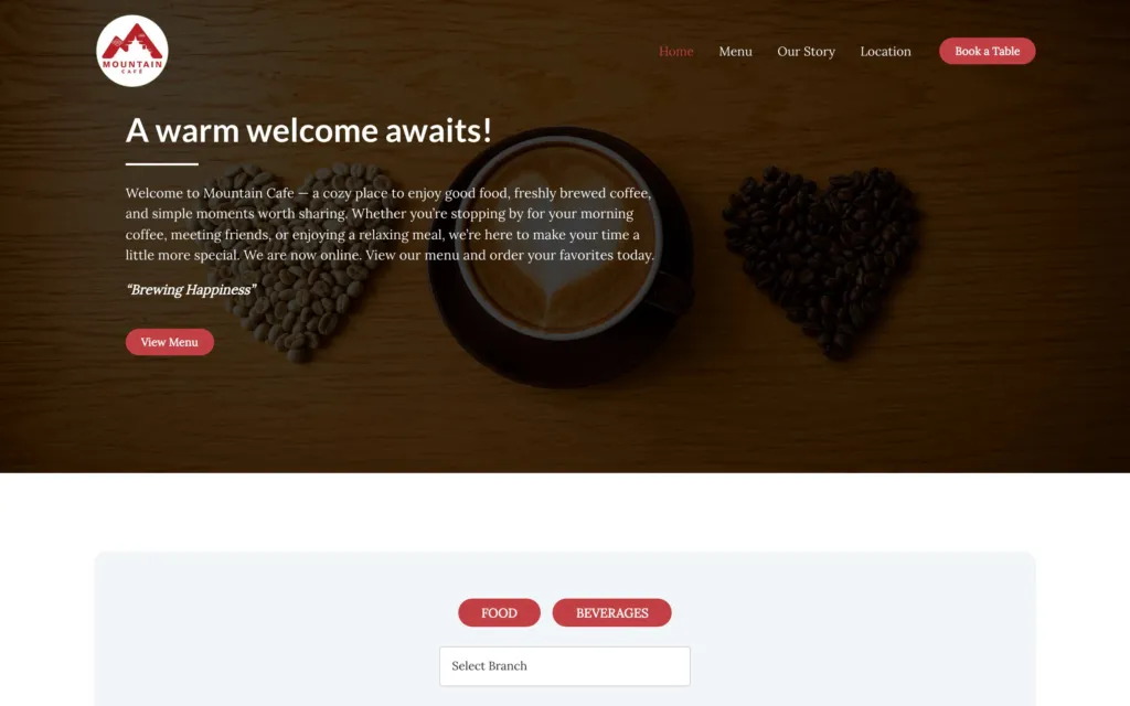 Mountain Café website homepage
