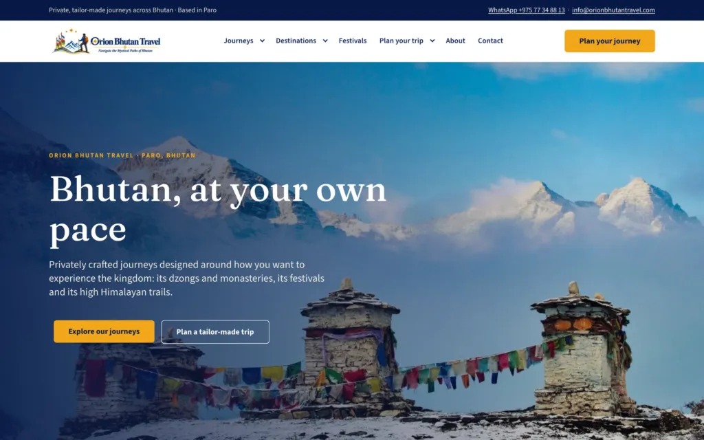 Orion Bhutan Travel website homepage