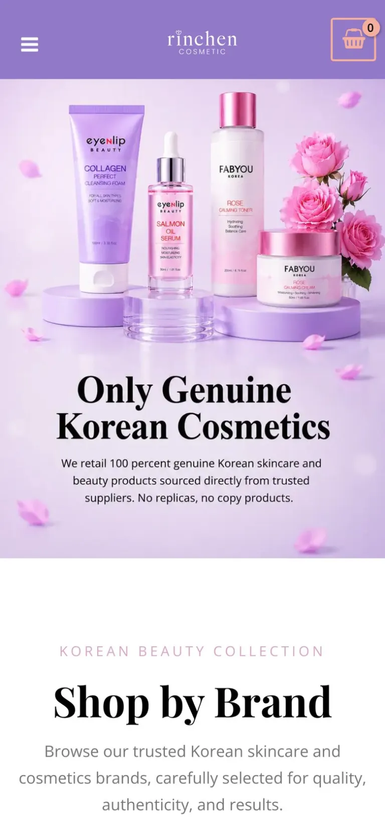 Rinchen Cosmetic website on a phone